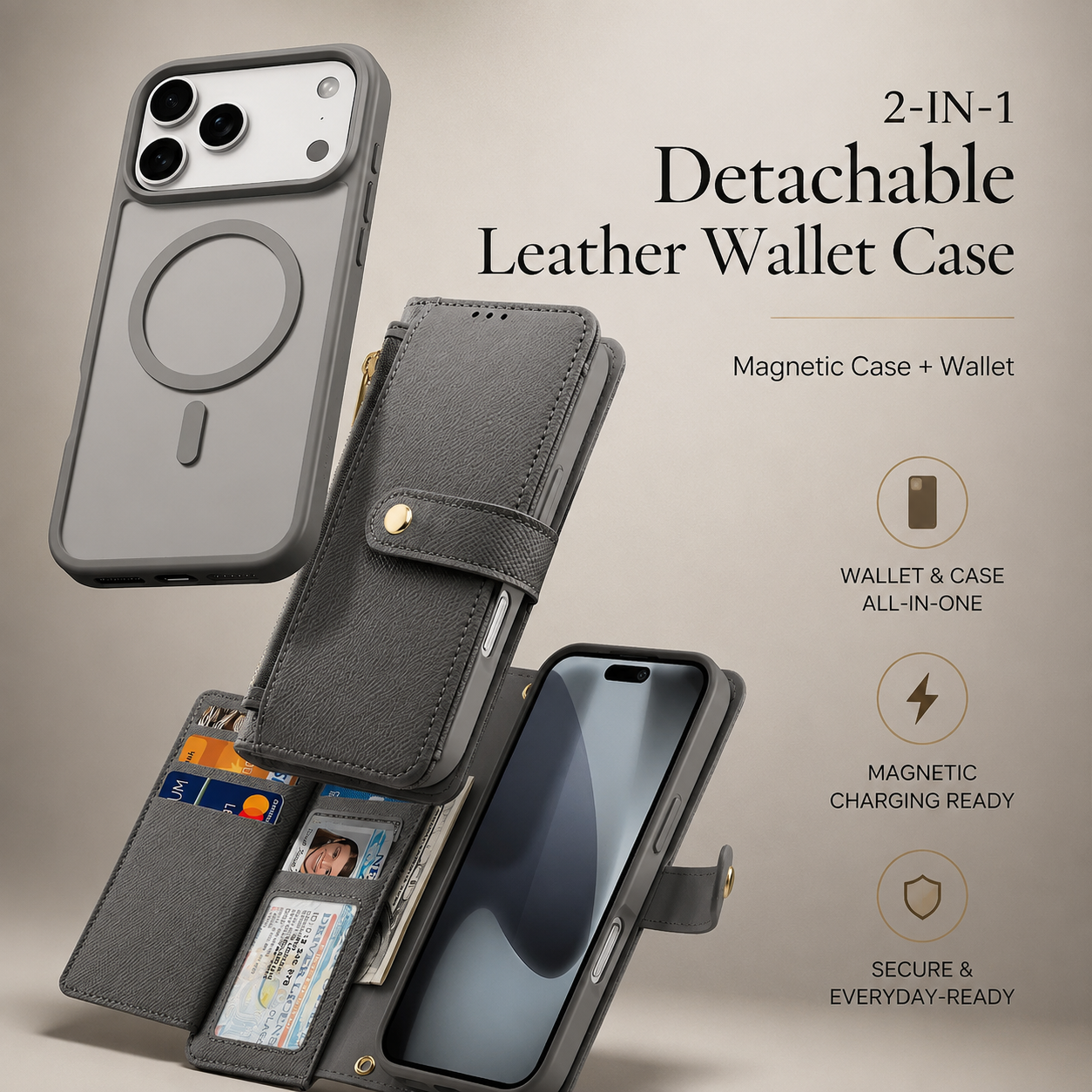 Premium iPhone Case Magnetic Detachable Wallet Cover Cow Leather Card Holder Shockproof Wireless Charging Support Anti Scratch Slim Protective Design