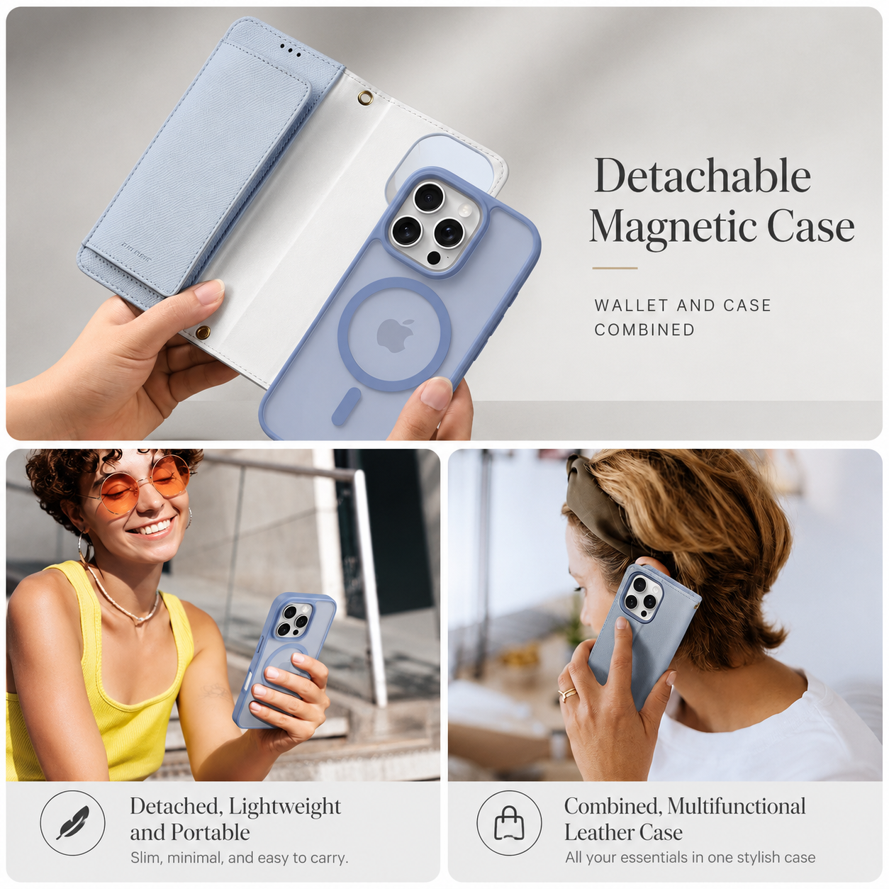Premium iPhone Case Magnetic Detachable Wallet Cover Cow Leather Card Holder Shockproof Wireless Charging Support Anti Scratch Slim Protective Design