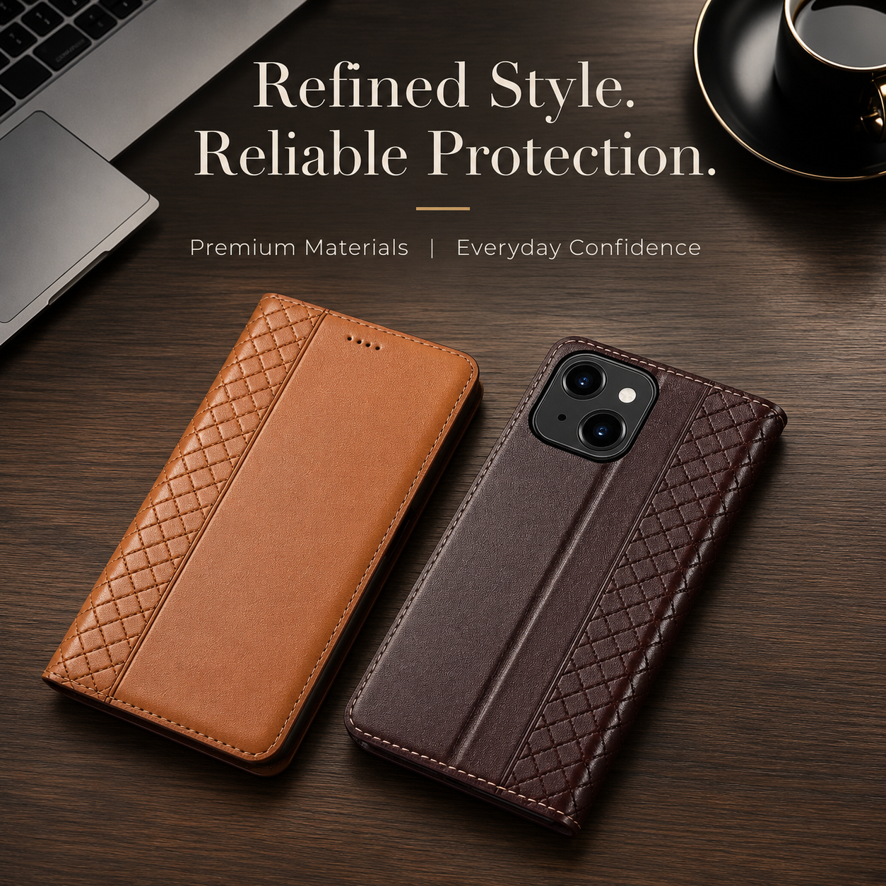 Premium iPhone Case Magnetic Flip Wallet Cover Cowhide Leather Grid Pattern Kickstand TPU Bumper Full Coverage Shockproof Slim Protective Design
