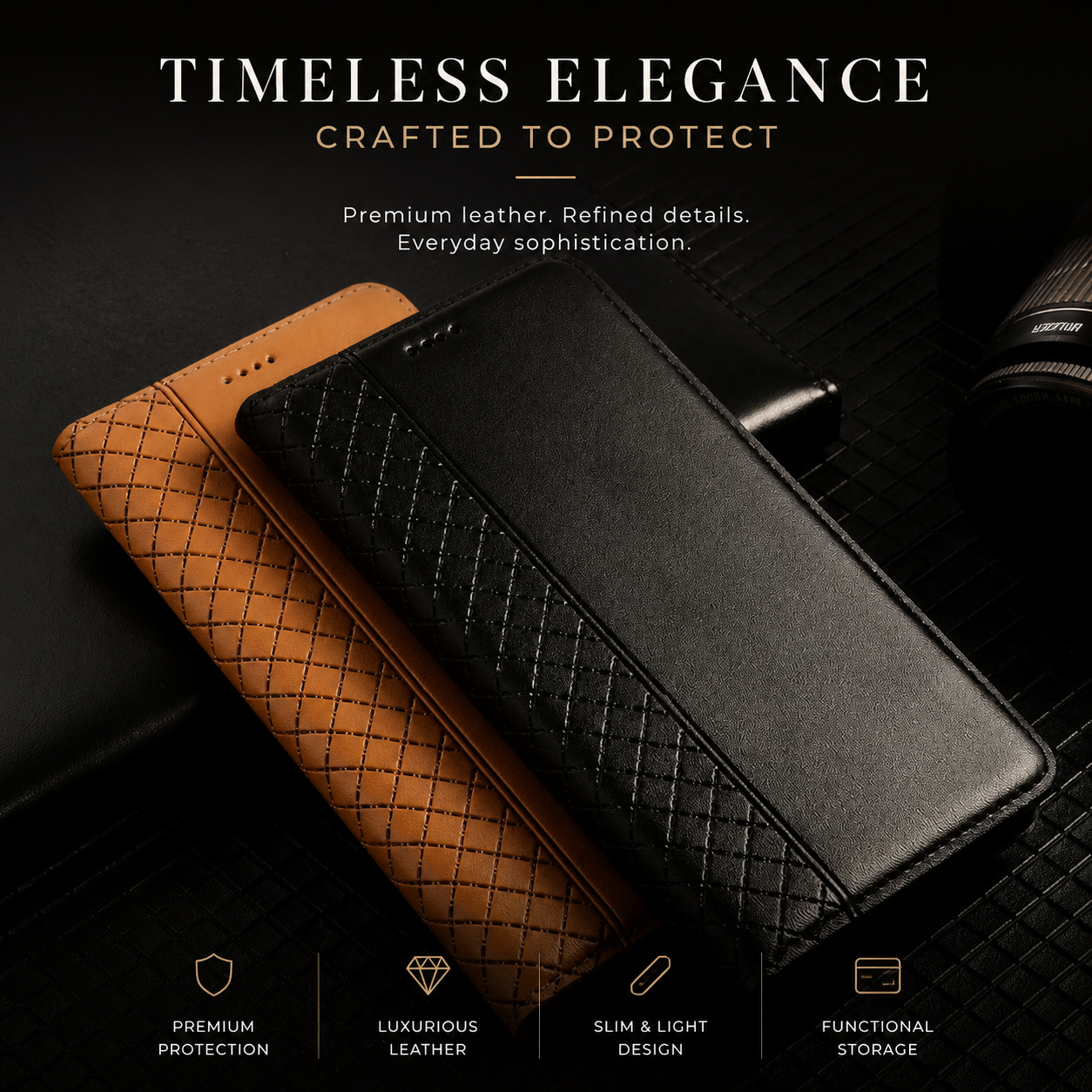 Premium iPhone Case Magnetic Flip Wallet Cover Cowhide Leather Grid Pattern Kickstand TPU Bumper Full Coverage Shockproof Slim Protective Design