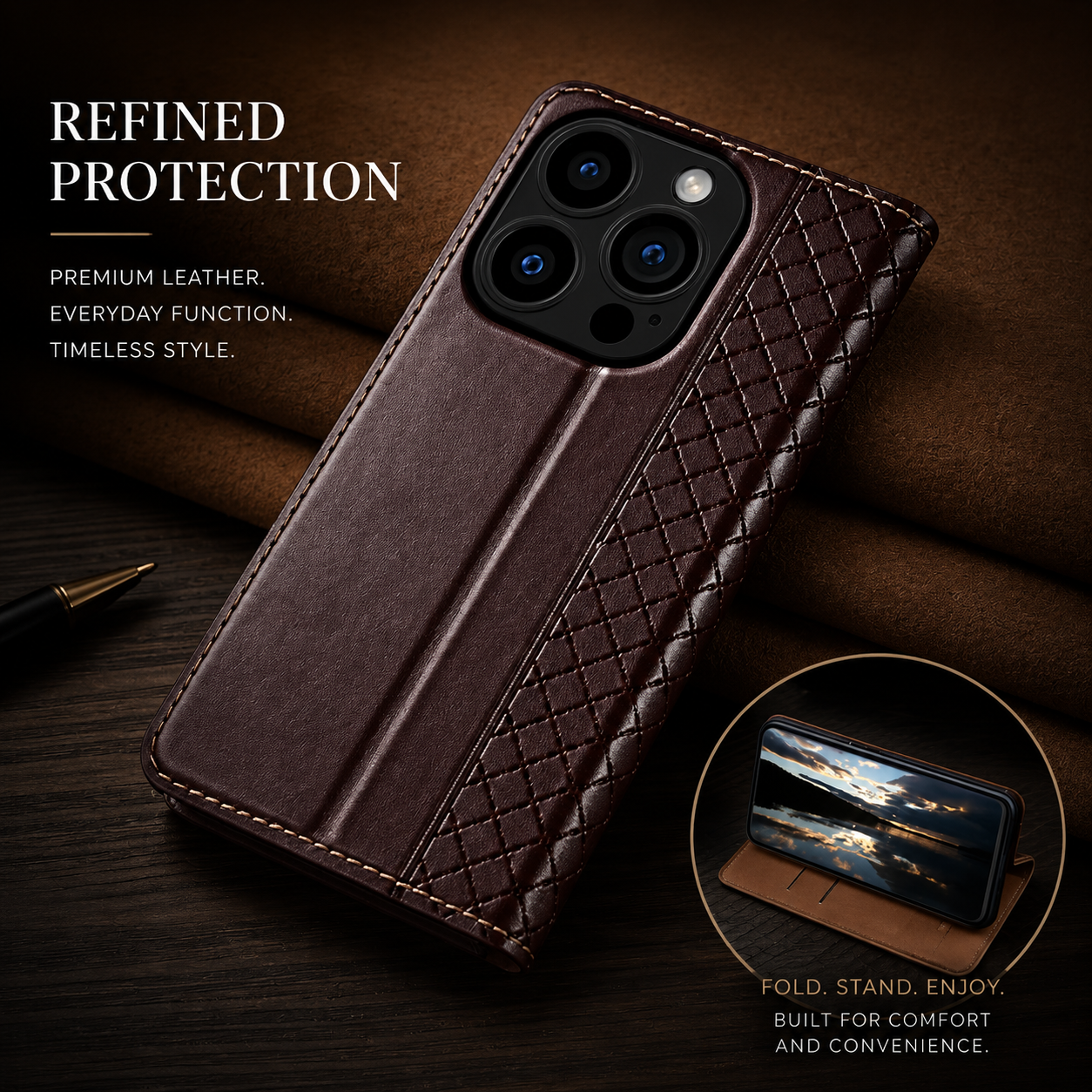 Premium iPhone Case Magnetic Flip Wallet Cover Cowhide Leather Grid Pattern Kickstand TPU Bumper Full Coverage Shockproof Slim Protective Design