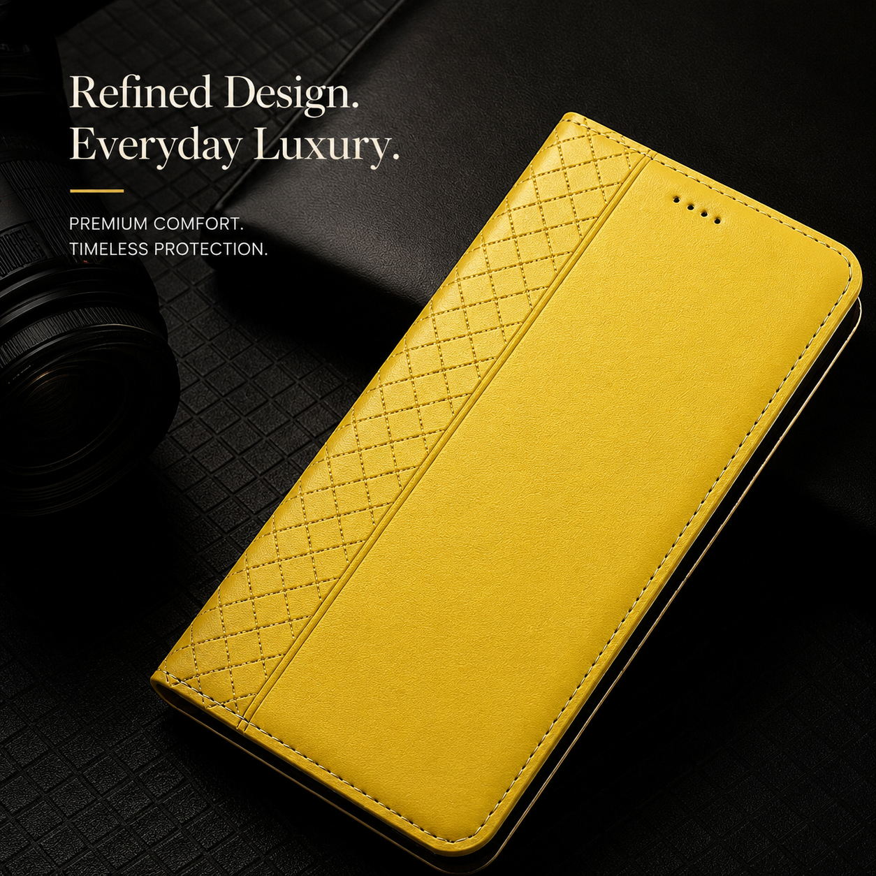 Premium iPhone Case Magnetic Flip Wallet Cover Cowhide Leather Grid Pattern Kickstand TPU Bumper Full Coverage Shockproof Slim Protective Design