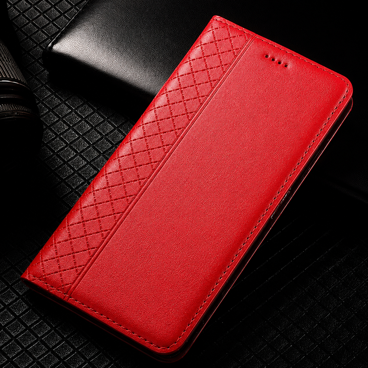 Premium iPhone Case Magnetic Flip Wallet Cover Cowhide Leather Grid Pattern Kickstand TPU Bumper Full Coverage Shockproof Slim Protective Design