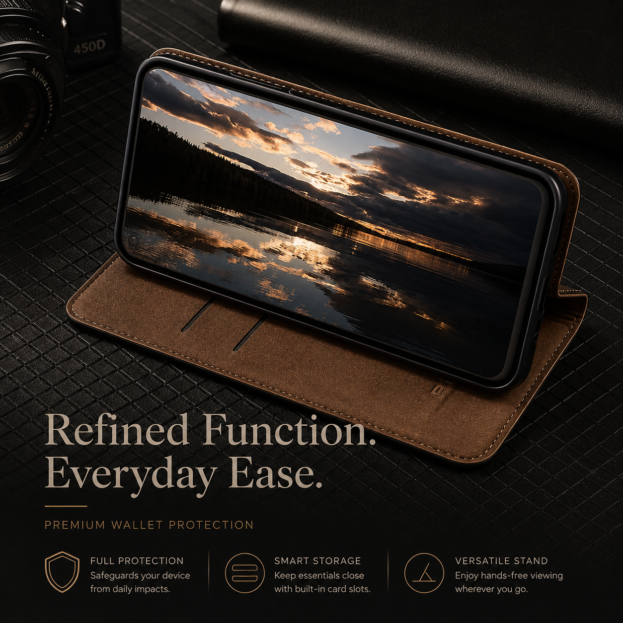 Premium iPhone Case Magnetic Flip Wallet Cover Cowhide Leather Grid Pattern Kickstand TPU Bumper Full Coverage Shockproof Slim Protective Design