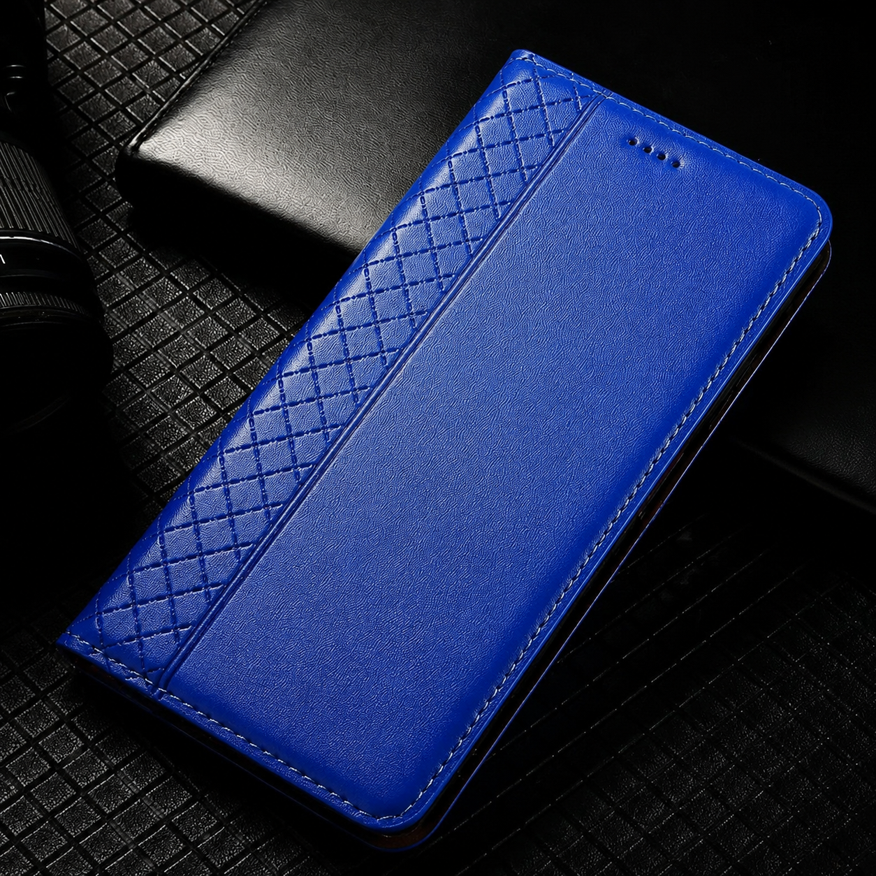 Premium iPhone Case Magnetic Flip Wallet Cover Cowhide Leather Grid Pattern Kickstand TPU Bumper Full Coverage Shockproof Slim Protective Design