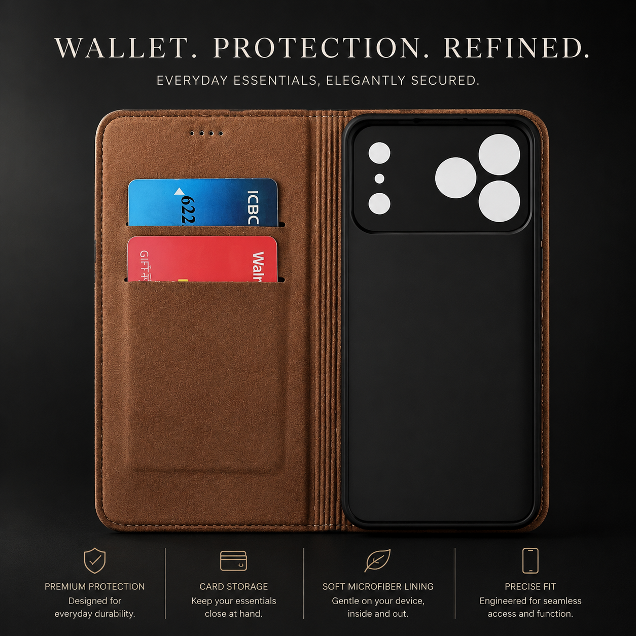 Premium iPhone Case Magnetic Flip Wallet Cover Cowhide Leather Grid Pattern Kickstand TPU Bumper Full Coverage Shockproof Slim Protective Design