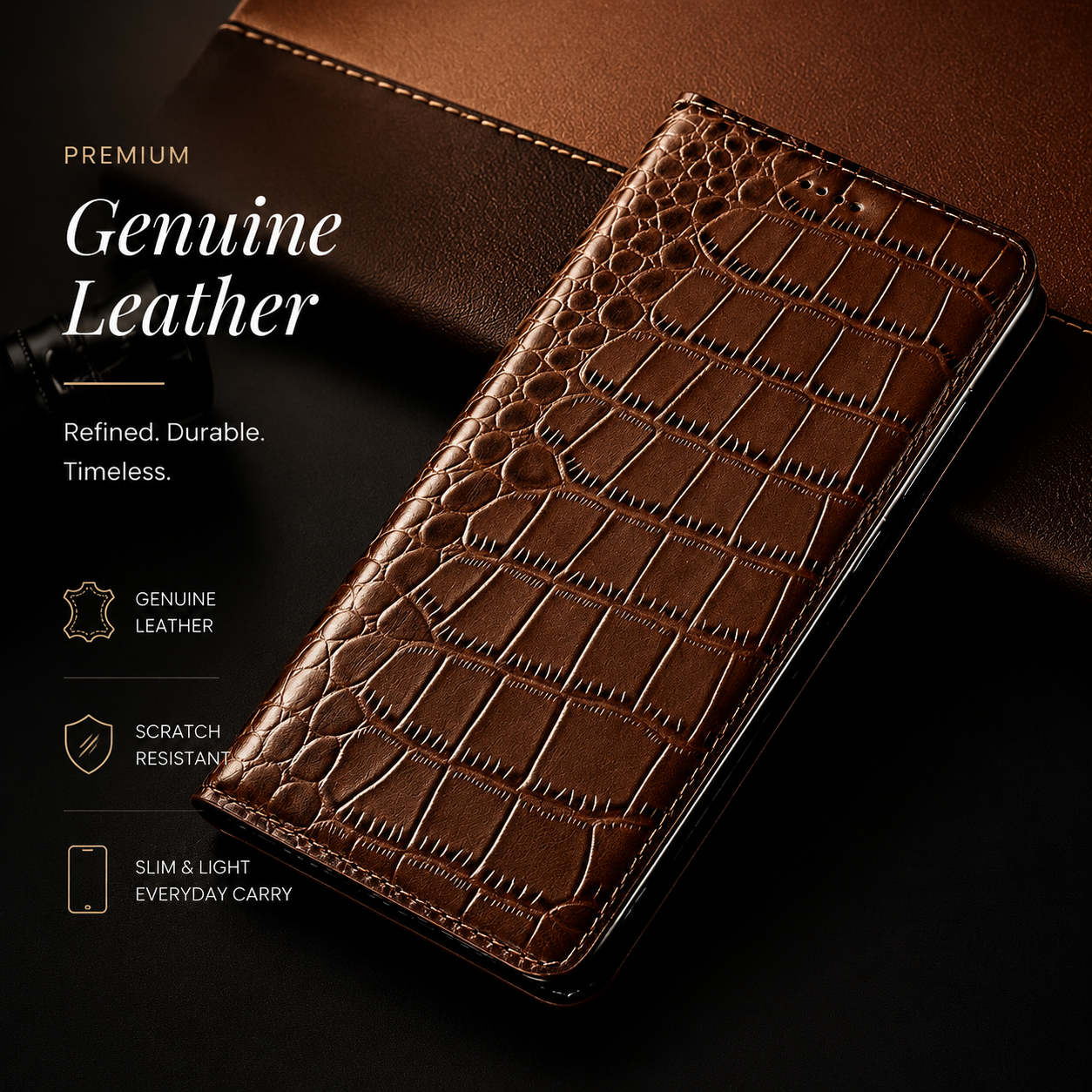 Premium iPhone Case Magnetic Flip Wallet Genuine Leather Cover Kickstand Shockproof Anti Scratch TPU Bumper Full Coverage Slim Protective Design