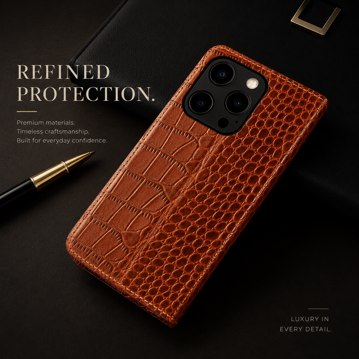 Premium iPhone Case Magnetic Flip Wallet Genuine Leather Cover Kickstand Shockproof Anti Scratch TPU Bumper Full Coverage Slim Protective Design