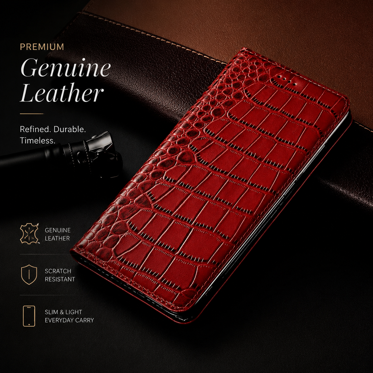 Premium iPhone Case Magnetic Flip Wallet Genuine Leather Cover Kickstand Shockproof Anti Scratch TPU Bumper Full Coverage Slim Protective Design