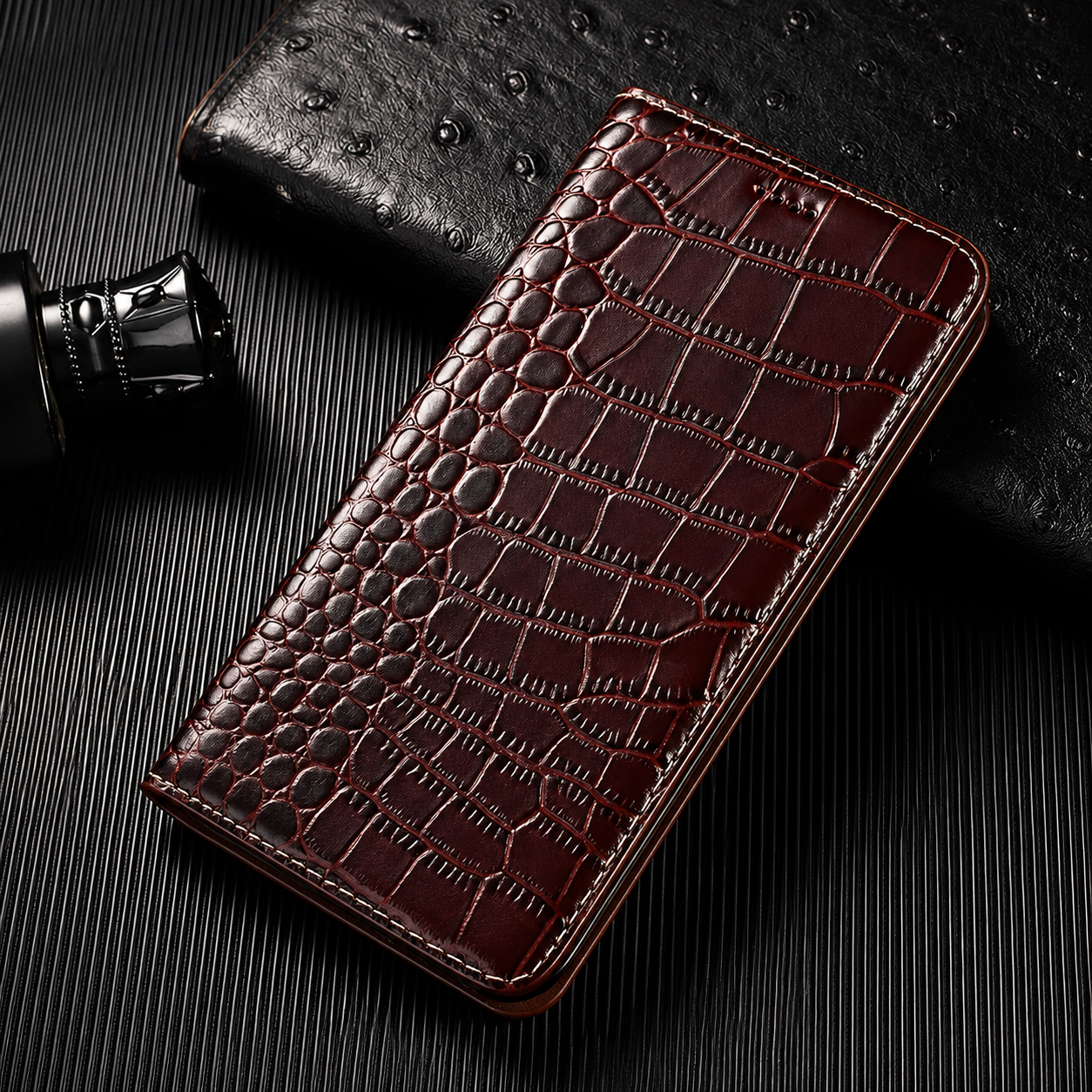 Premium iPhone Case Magnetic Flip Wallet Genuine Leather Cover Kickstand Shockproof Anti Scratch TPU Bumper Full Coverage Slim Protective Design