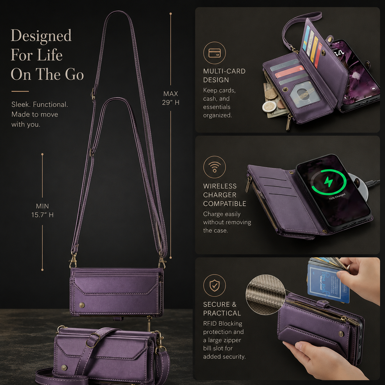 Premium iPhone Case Magnetic Flip Wallet PU Leather Cover RFID Blocking Card Holder Crossbody Strap Shockproof Full Coverage Slim Protective Design