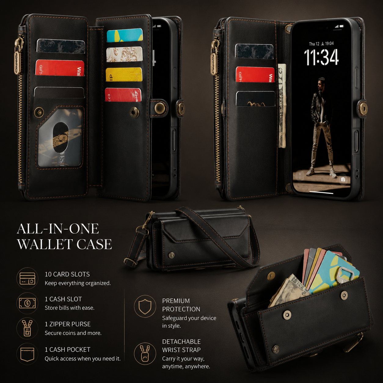 Premium iPhone Case Magnetic Flip Wallet PU Leather Cover RFID Blocking Card Holder Crossbody Strap Shockproof Full Coverage Slim Protective Design