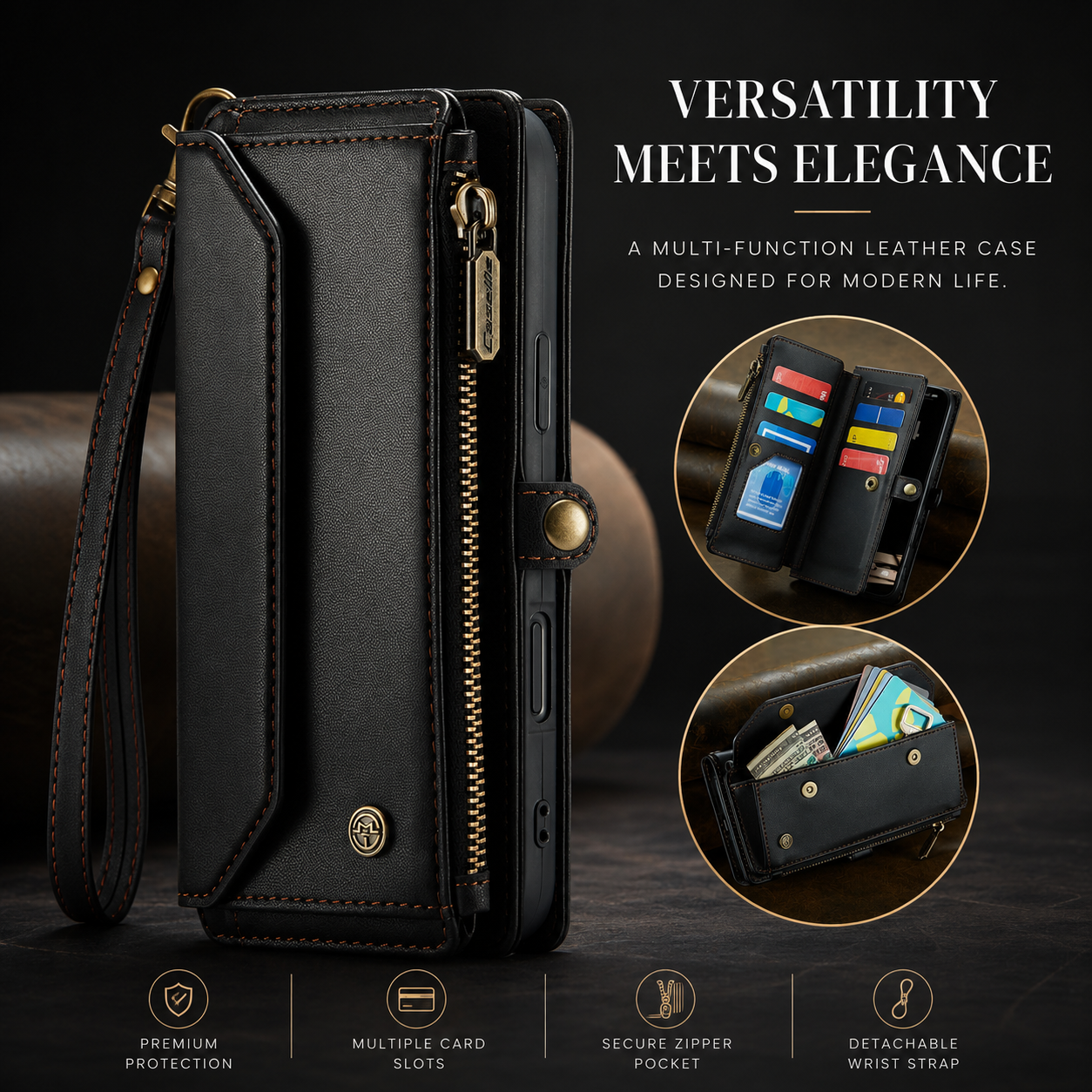 Premium iPhone Case Magnetic Flip Wallet PU Leather Cover RFID Blocking Card Holder Crossbody Strap Shockproof Full Coverage Slim Protective Design