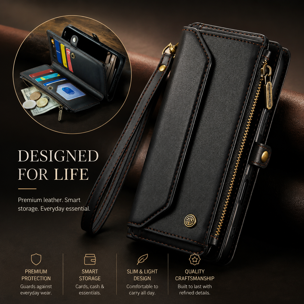 Premium iPhone Case Magnetic Flip Wallet PU Leather Cover RFID Blocking Card Holder Crossbody Strap Shockproof Full Coverage Slim Protective Design