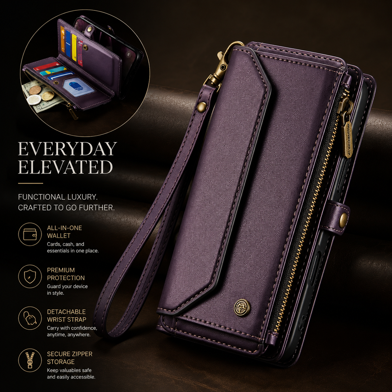 Premium iPhone Case Magnetic Flip Wallet PU Leather Cover RFID Blocking Card Holder Crossbody Strap Shockproof Full Coverage Slim Protective Design