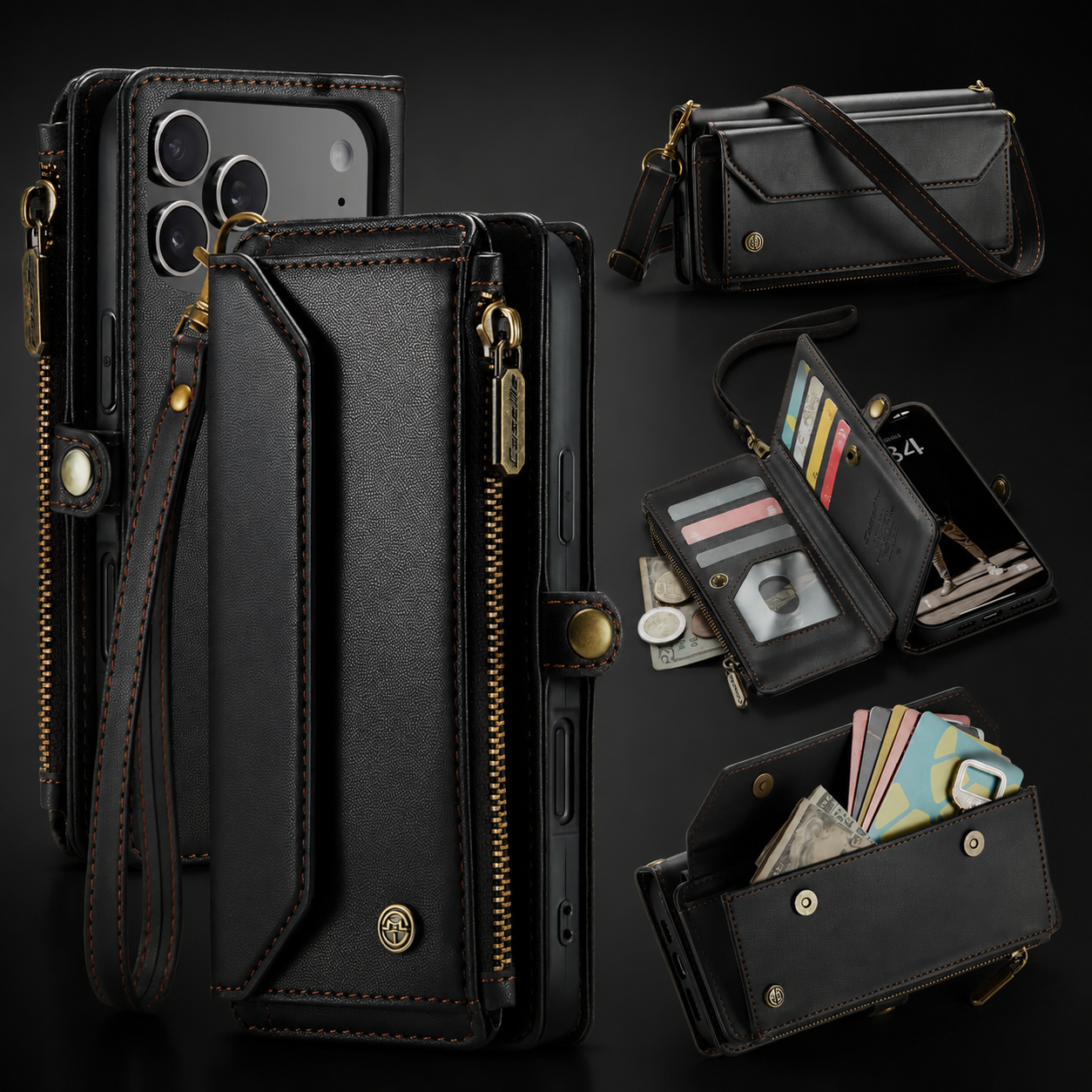 Premium iPhone Case Magnetic Flip Wallet PU Leather Cover RFID Blocking Card Holder Crossbody Strap Shockproof Full Coverage Slim Protective Design