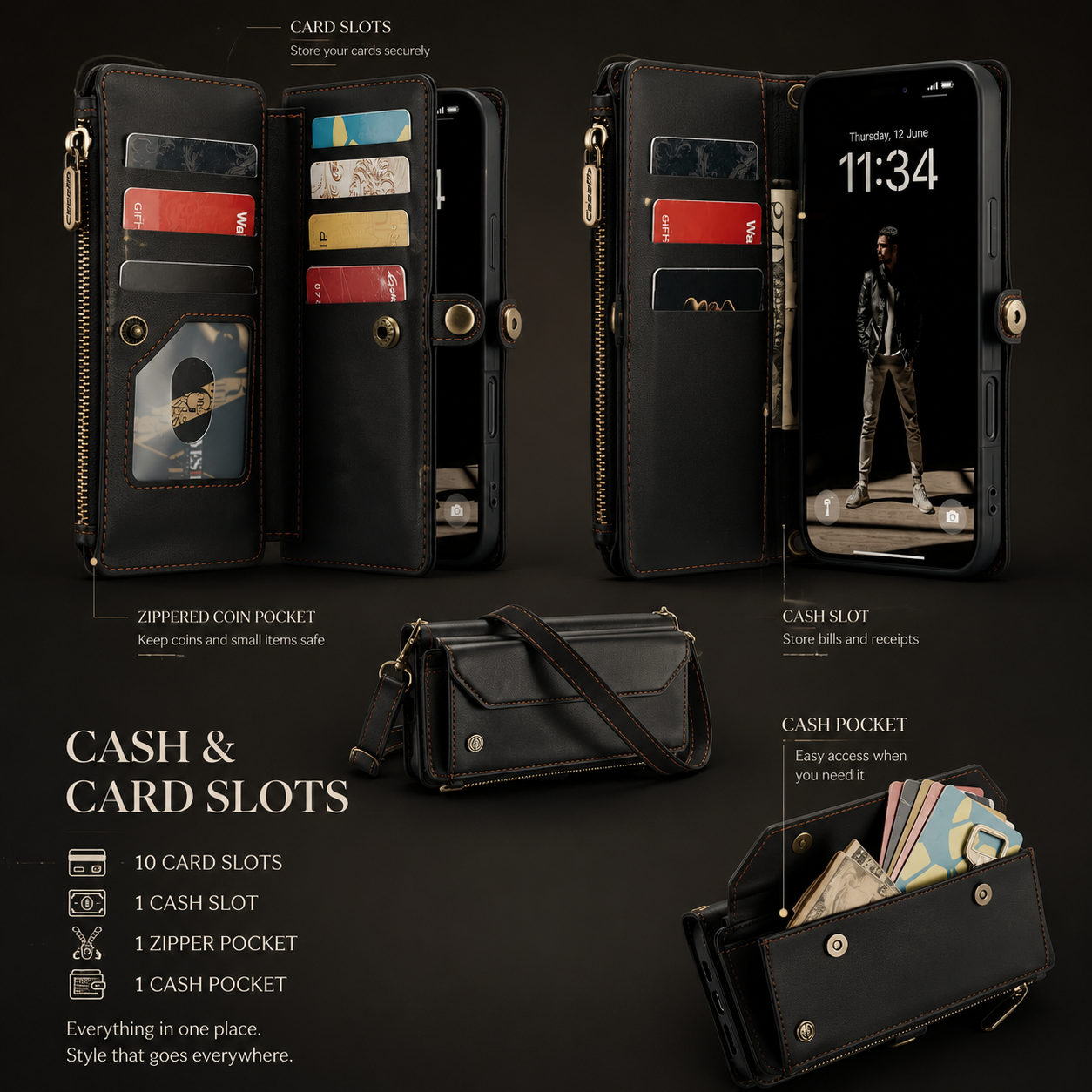Premium iPhone Case Magnetic Flip Wallet PU Leather Cover RFID Blocking Card Holder Crossbody Strap Shockproof Full Coverage Slim Protective Design