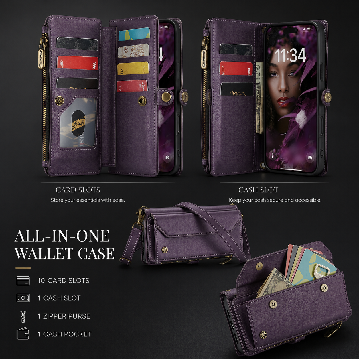 Premium iPhone Case Magnetic Flip Wallet PU Leather Cover RFID Blocking Card Holder Crossbody Strap Shockproof Full Coverage Slim Protective Design