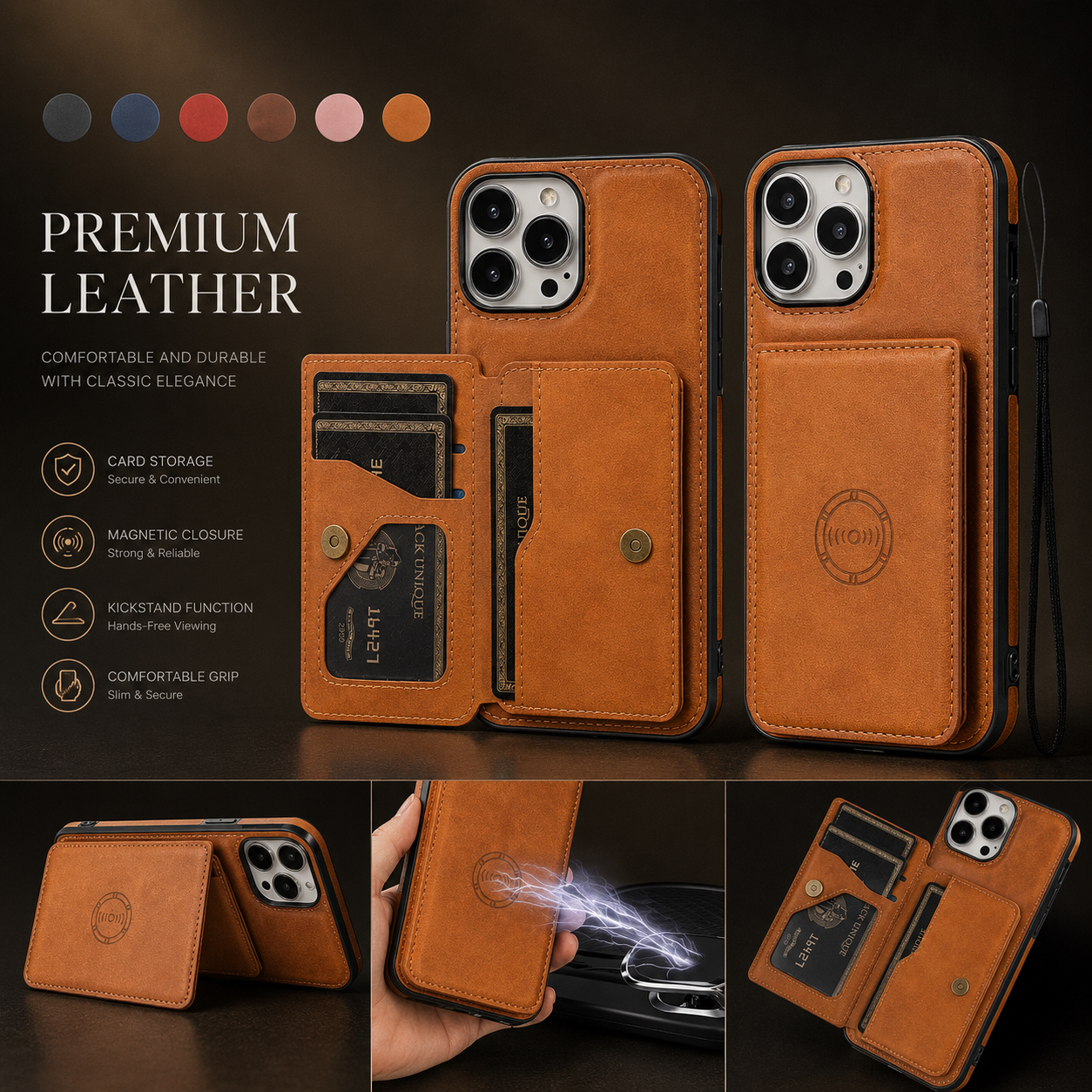 Premium iPhone Case Magnetic Leather Wallet Cover RFID Blocking Card Holder Shockproof Full Coverage Protective Cover Anti Scratch Slim Secure Design