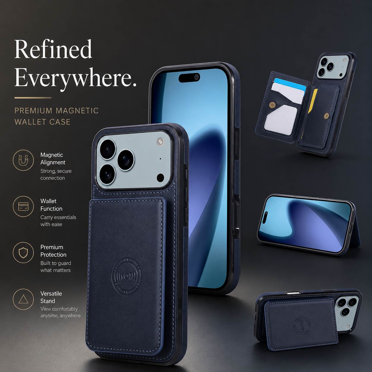 Premium iPhone Case Magnetic Leather Wallet Cover RFID Blocking Card Holder Shockproof Full Coverage Protective Cover Anti Scratch Slim Secure Design