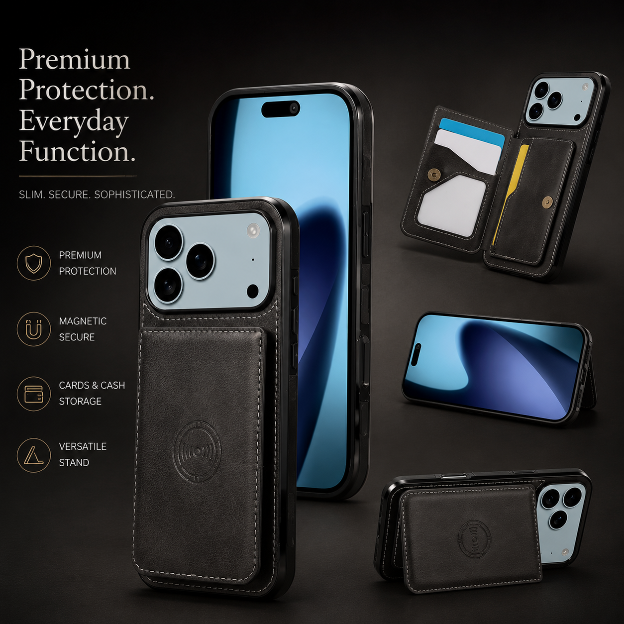 Premium iPhone Case Magnetic Leather Wallet Cover RFID Blocking Card Holder Shockproof Full Coverage Protective Cover Anti Scratch Slim Secure Design