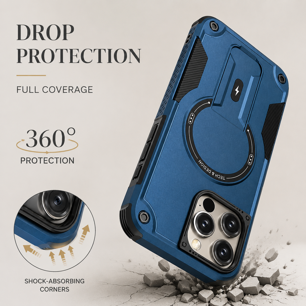 Premium iPhone Case Magnetic Rugged Shockproof Dual Layer PC TPU Cover Kickstand Lanyard Strap Heavy Duty Anti Slip Protective Full Coverage