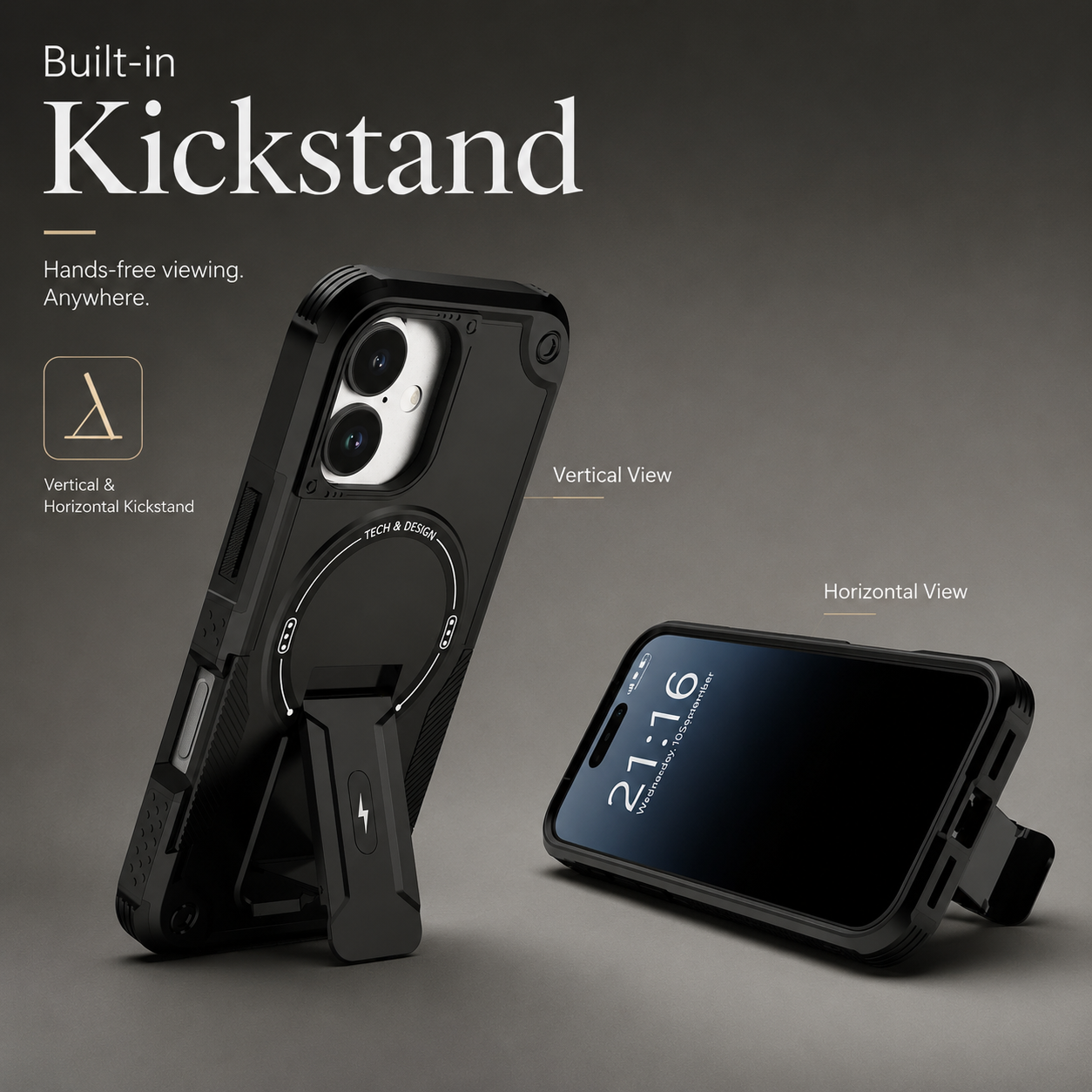 Premium iPhone Case Magnetic Rugged Shockproof Dual Layer PC TPU Cover Kickstand Lanyard Strap Heavy Duty Anti Slip Protective Full Coverage