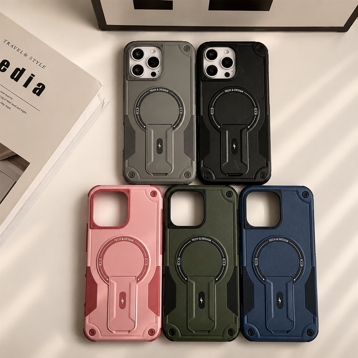 Premium iPhone Case Magnetic Rugged Shockproof Dual Layer PC TPU Cover Kickstand Lanyard Strap Heavy Duty Anti Slip Protective Full Coverage