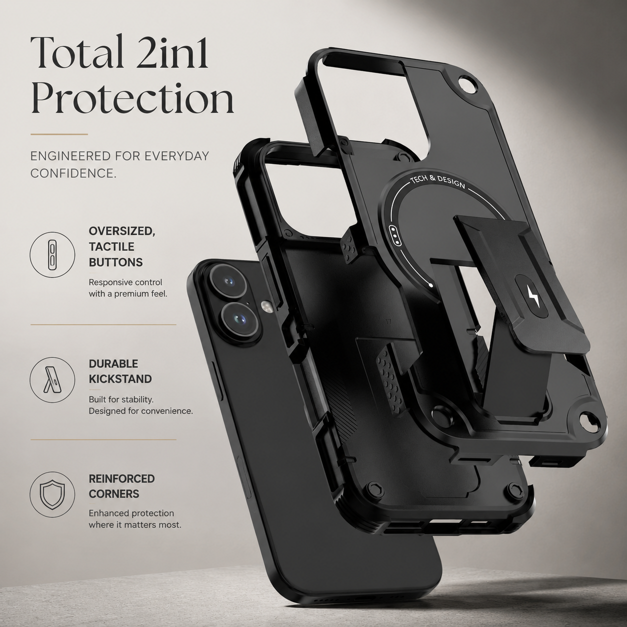 Premium iPhone Case Magnetic Rugged Shockproof Dual Layer PC TPU Cover Kickstand Lanyard Strap Heavy Duty Anti Slip Protective Full Coverage