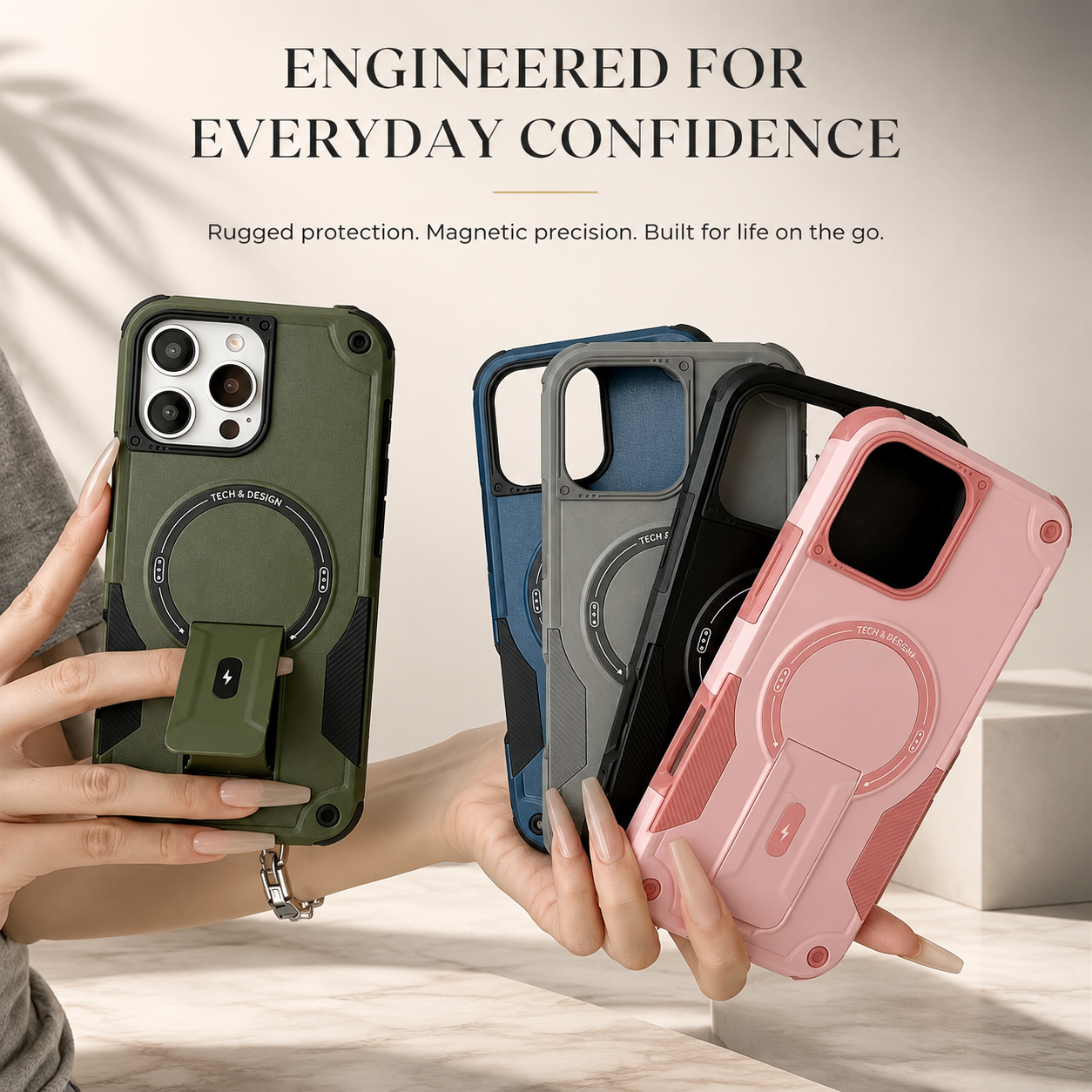 Premium iPhone Case Magnetic Rugged Shockproof Dual Layer PC TPU Cover Kickstand Lanyard Strap Heavy Duty Anti Slip Protective Full Coverage