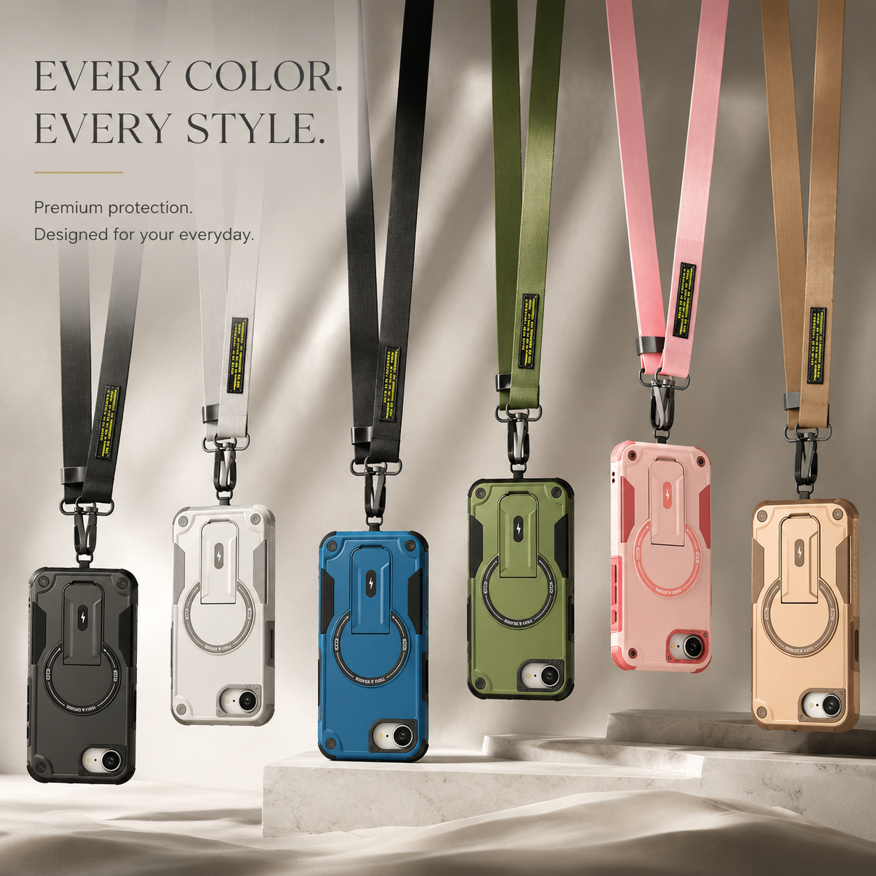 Premium iPhone Case Magnetic Rugged Shockproof Dual Layer PC TPU Cover Kickstand Lanyard Strap Heavy Duty Anti Slip Protective Full Coverage