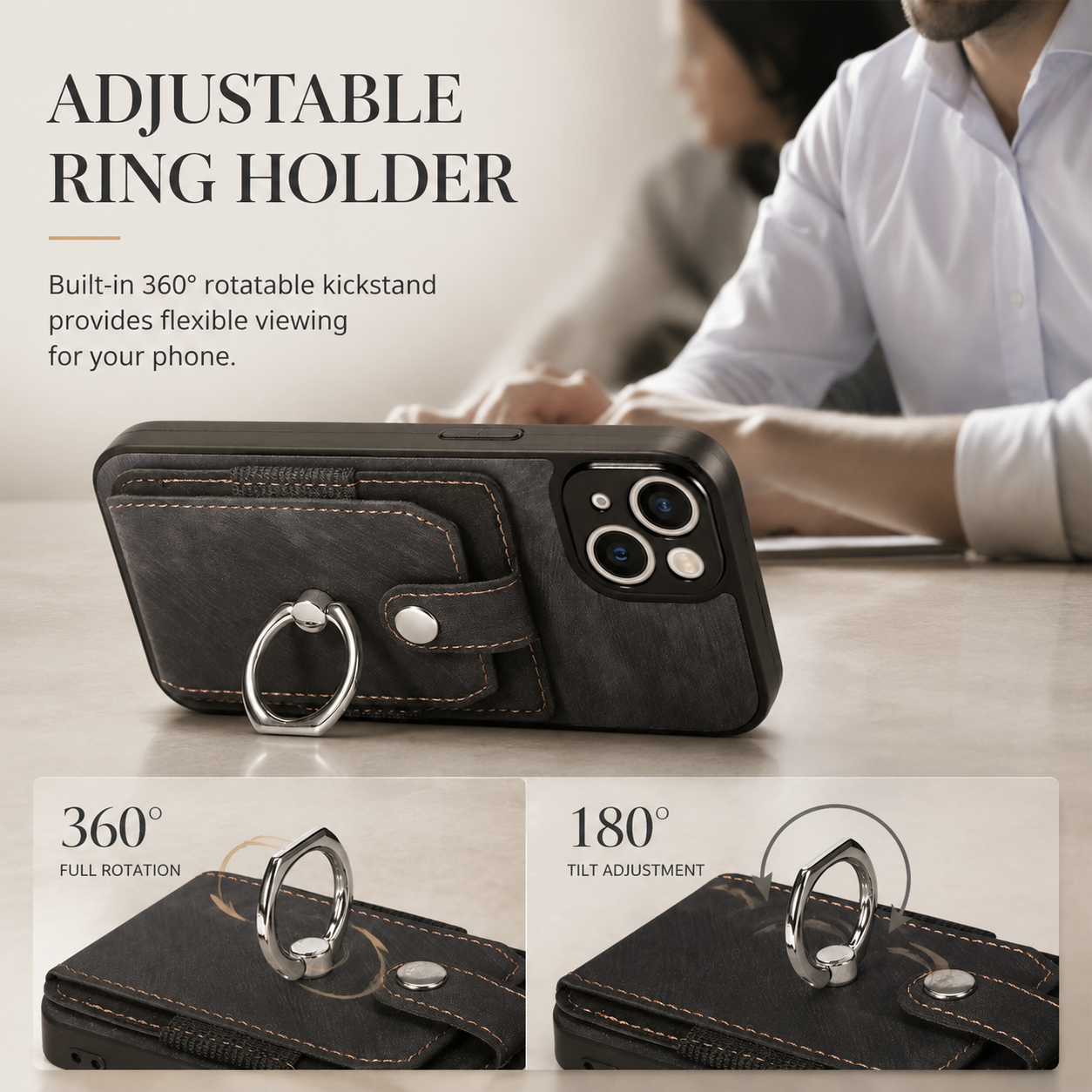 Premium iPhone Case Magnetic Wallet Cover MagSafe Compatible Leather Vertical Card Holder Ring Stand Shockproof Protective Camera Lens Protection Slim Design