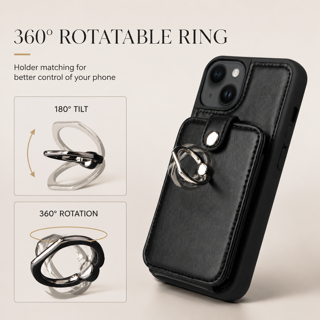 Premium iPhone Case Magnetic Wallet Cover MagSafe Compatible Leather Vertical Card Holder Ring Stand Shockproof Protective Camera Lens Protection Slim Design