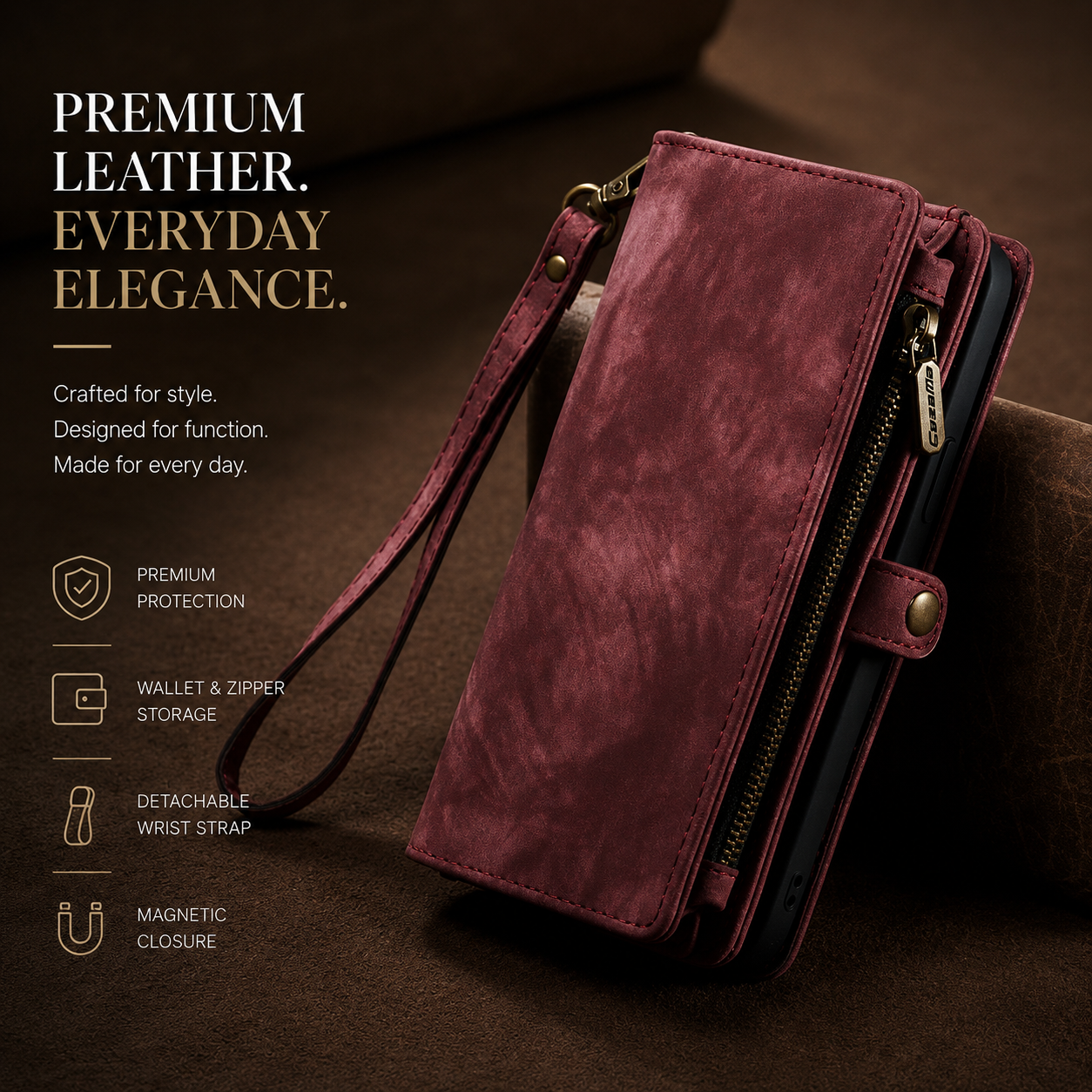 Premium iPhone Case Magnetic Wallet Cover Removable Leather Zipper Card Holder Lanyard Strap Shockproof Full Coverage Anti Scratch Protective Design