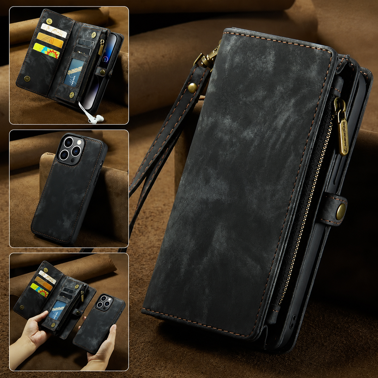 Premium iPhone Case Magnetic Wallet Cover Removable Leather Zipper Card Holder Lanyard Strap Shockproof Full Coverage Anti Scratch Protective Design