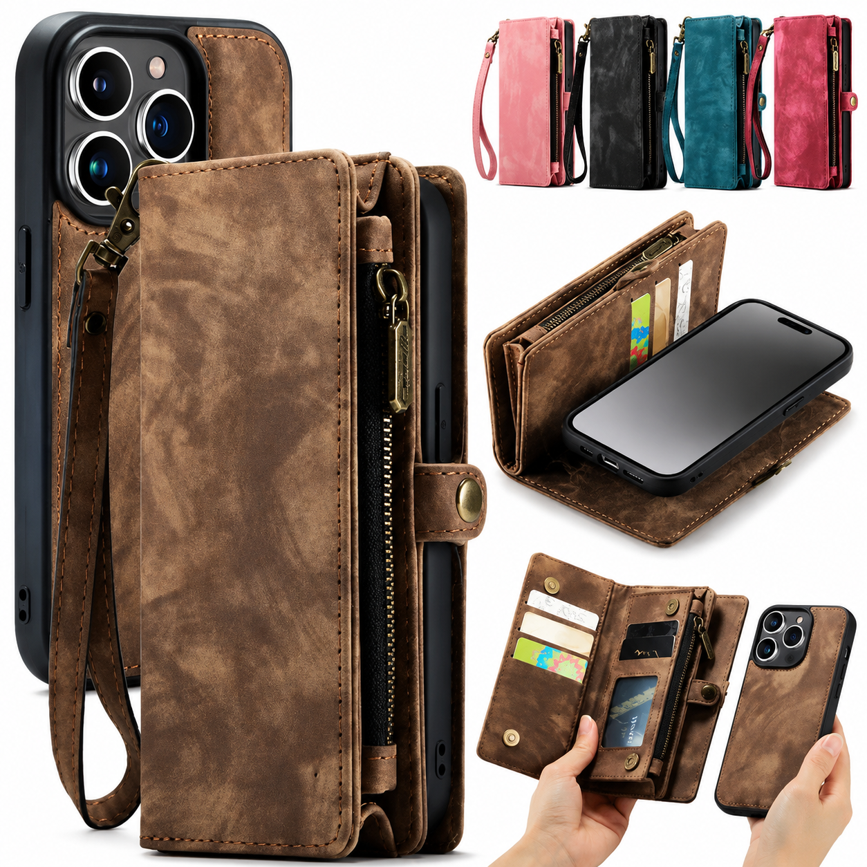Premium iPhone Case Magnetic Wallet Cover Removable Leather Zipper Card Holder Lanyard Strap Shockproof Full Coverage Anti Scratch Protective Design