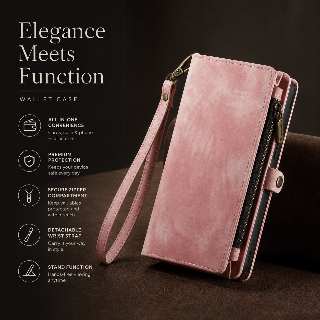 Premium iPhone Case Magnetic Wallet Cover Removable Leather Zipper Card Holder Lanyard Strap Shockproof Full Coverage Anti Scratch Protective Design