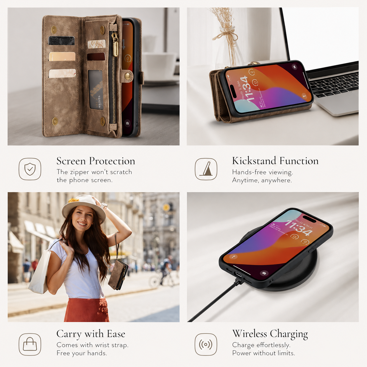 Premium iPhone Case Magnetic Wallet Cover Removable Leather Zipper Card Holder Lanyard Strap Shockproof Full Coverage Anti Scratch Protective Design