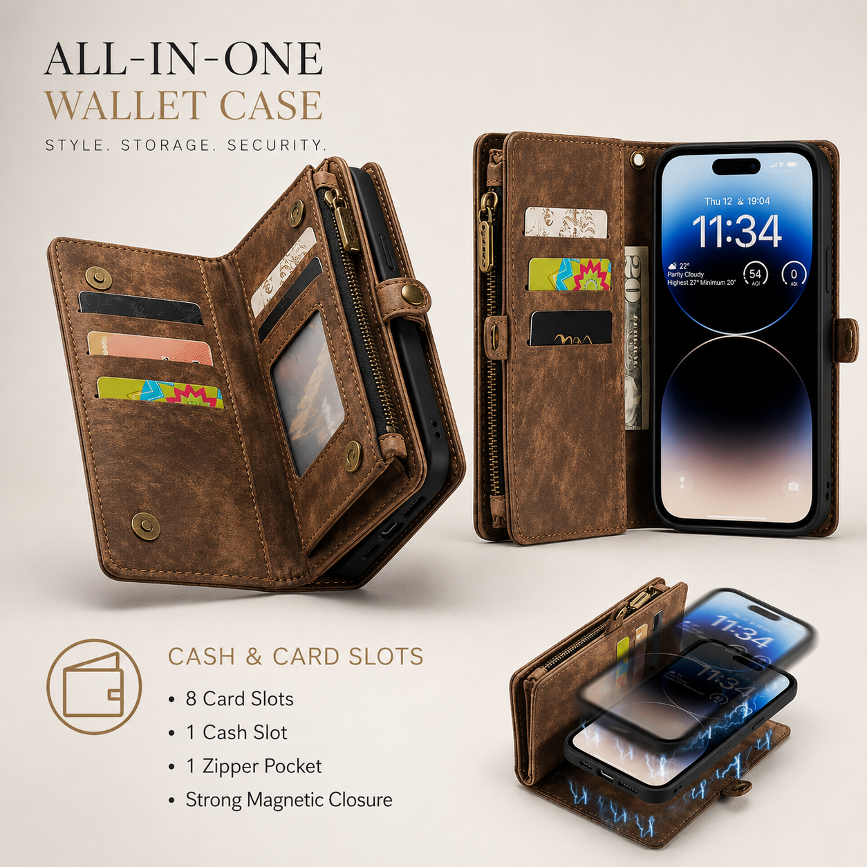 Premium iPhone Case Magnetic Wallet Cover Removable Leather Zipper Card Holder Lanyard Strap Shockproof Full Coverage Anti Scratch Protective Design