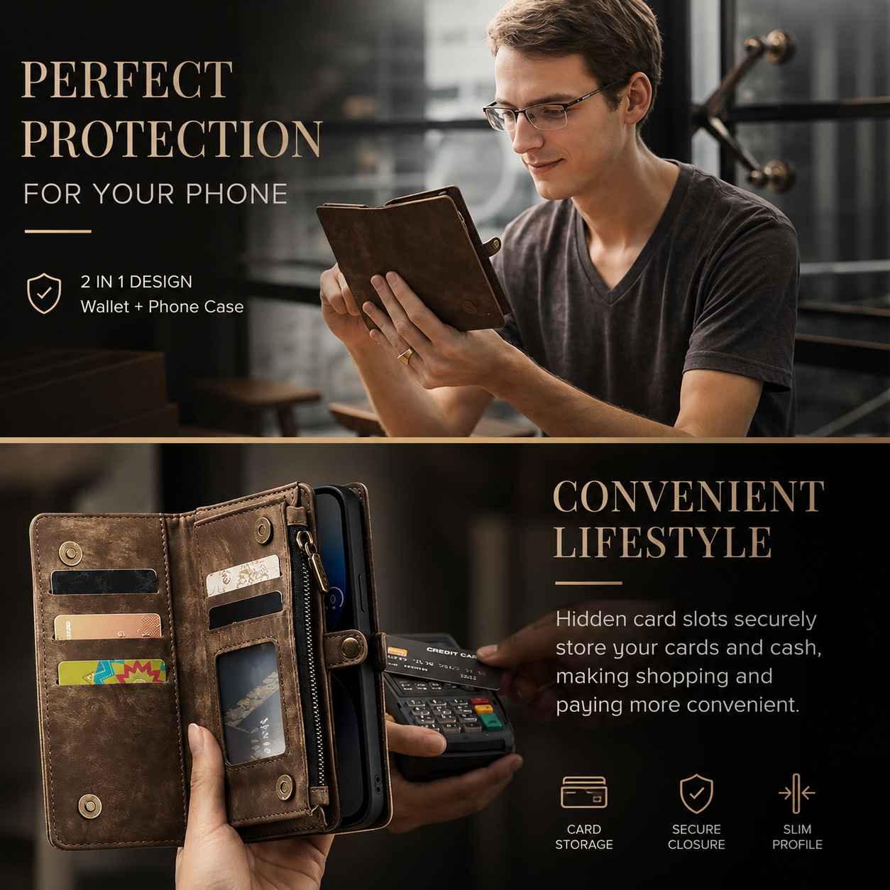 Premium iPhone Case Magnetic Wallet Cover Removable Leather Zipper Card Holder Lanyard Strap Shockproof Full Coverage Anti Scratch Protective Design