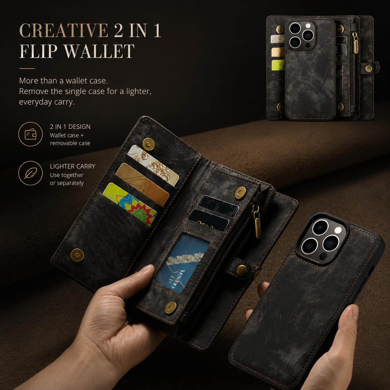 Premium iPhone Case Magnetic Wallet Cover Removable Leather Zipper Card Holder Lanyard Strap Shockproof Full Coverage Anti Scratch Protective Design