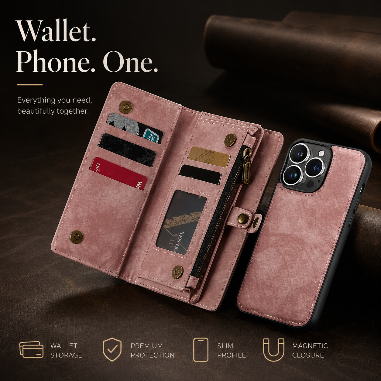 Premium iPhone Case Magnetic Wallet Cover Removable Leather Zipper Card Holder Lanyard Strap Shockproof Full Coverage Anti Scratch Protective Design