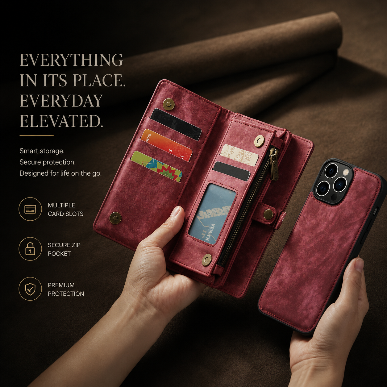 Premium iPhone Case Magnetic Wallet Cover Removable Leather Zipper Card Holder Lanyard Strap Shockproof Full Coverage Anti Scratch Protective Design