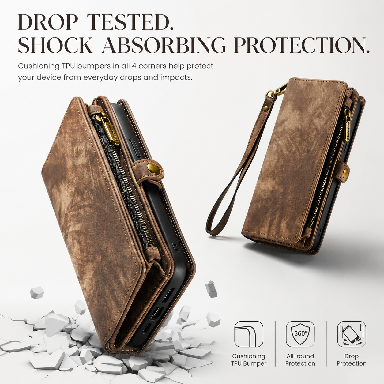 Premium iPhone Case Magnetic Wallet Cover Removable Leather Zipper Card Holder Lanyard Strap Shockproof Full Coverage Anti Scratch Protective Design