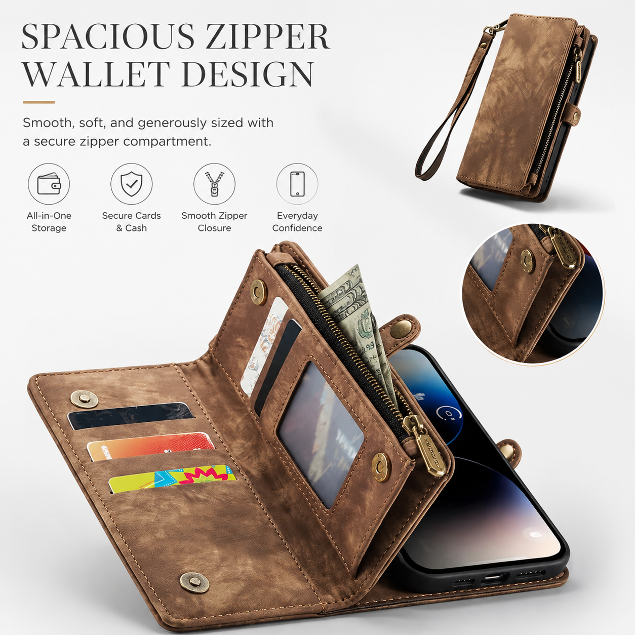 Premium iPhone Case Magnetic Wallet Cover Removable Leather Zipper Card Holder Lanyard Strap Shockproof Full Coverage Anti Scratch Protective Design