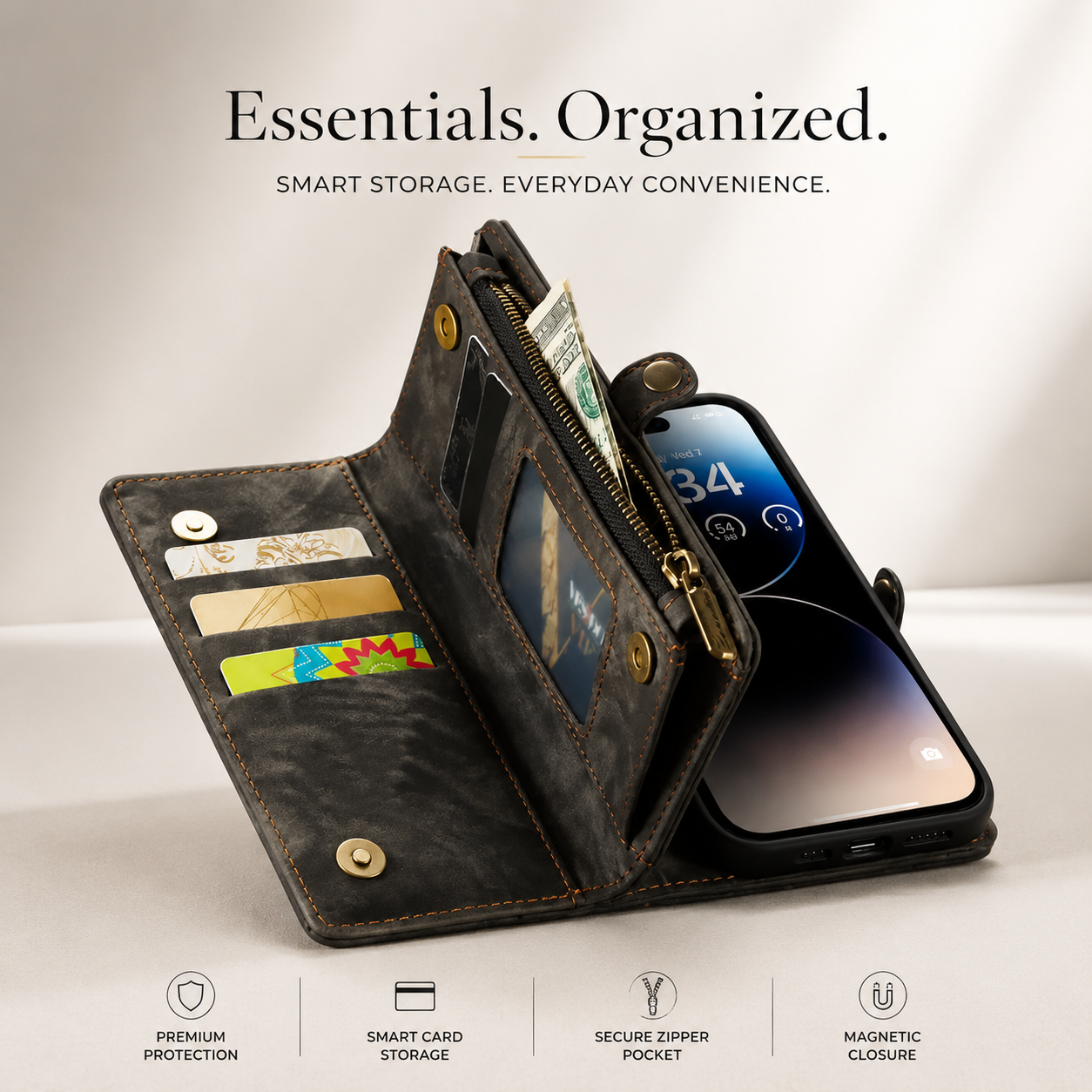 Premium iPhone Case Magnetic Wallet Cover Removable Leather Zipper Card Holder Lanyard Strap Shockproof Full Coverage Anti Scratch Protective Design
