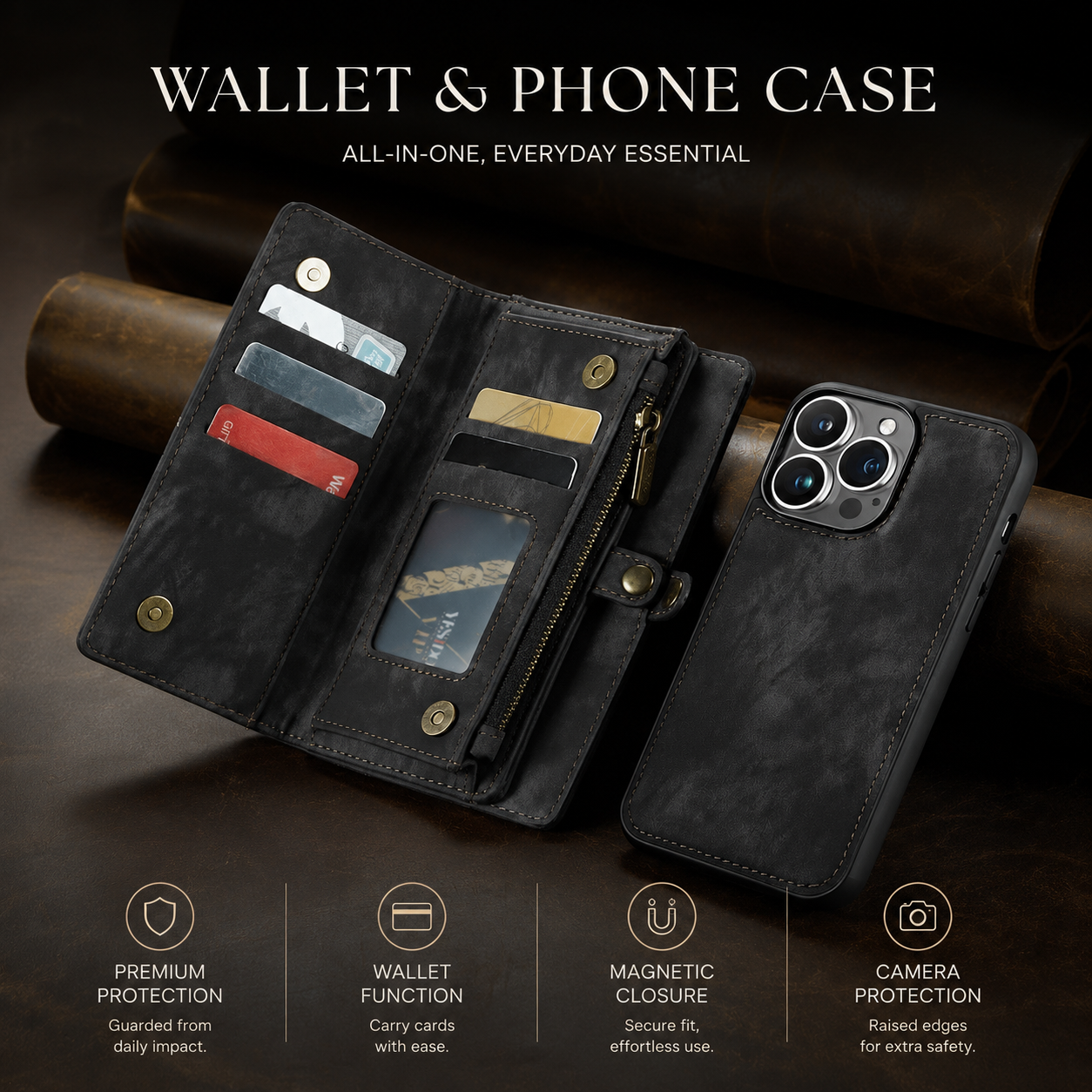 Premium iPhone Case Magnetic Wallet Cover Removable Leather Zipper Card Holder Lanyard Strap Shockproof Full Coverage Anti Scratch Protective Design