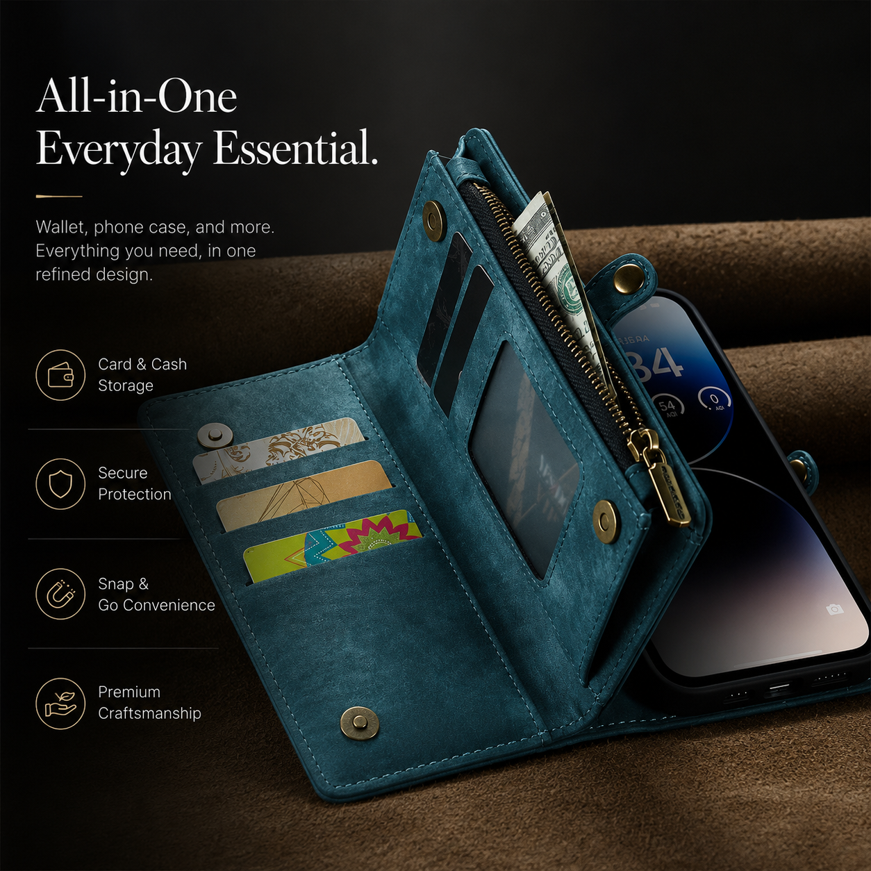 Premium iPhone Case Magnetic Wallet Cover Removable Leather Zipper Card Holder Lanyard Strap Shockproof Full Coverage Anti Scratch Protective Design