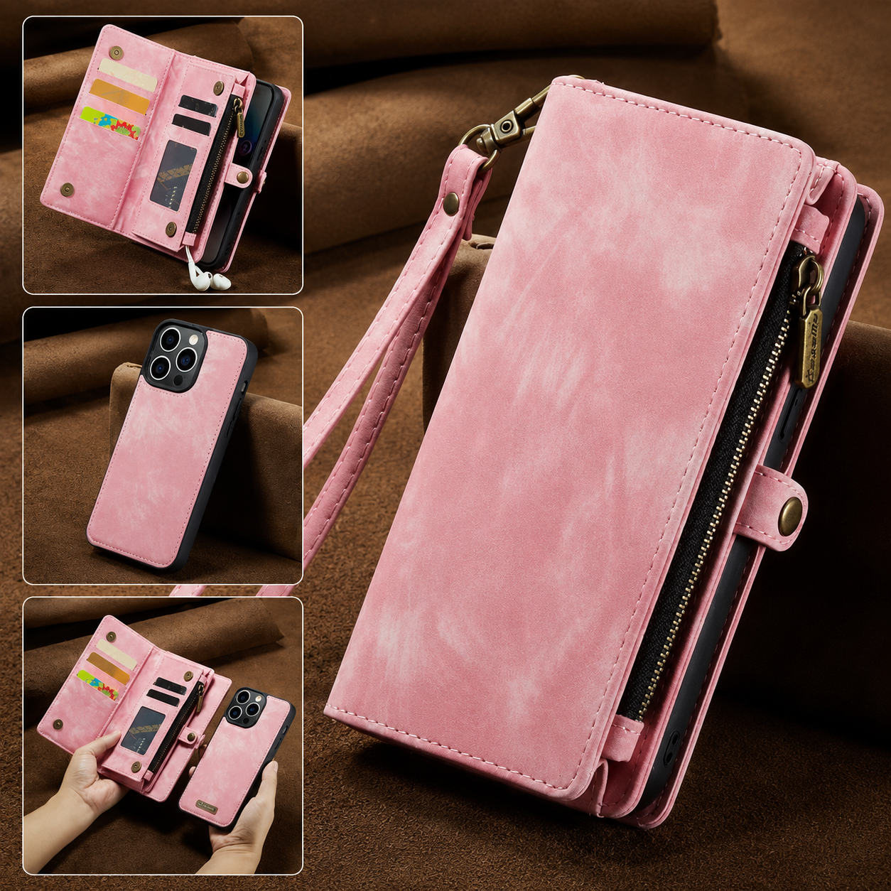 Premium iPhone Case Magnetic Wallet Cover Removable Leather Zipper Card Holder Lanyard Strap Shockproof Full Coverage Anti Scratch Protective Design