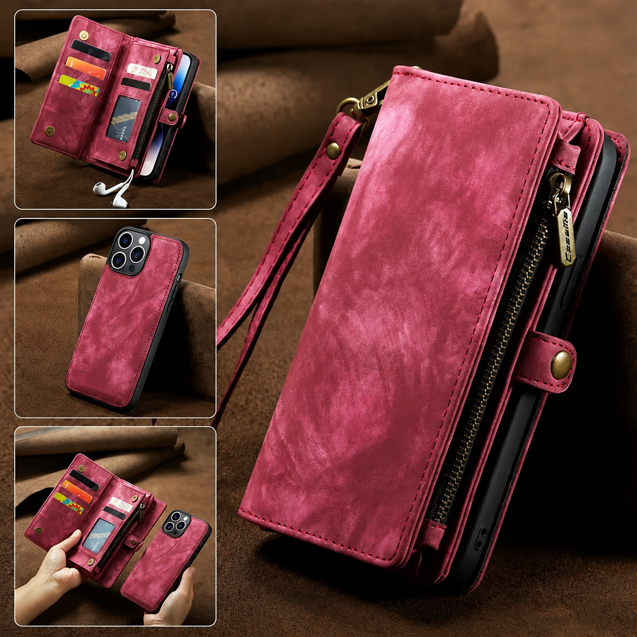 Premium iPhone Case Magnetic Wallet Cover Removable Leather Zipper Card Holder Lanyard Strap Shockproof Full Coverage Anti Scratch Protective Design